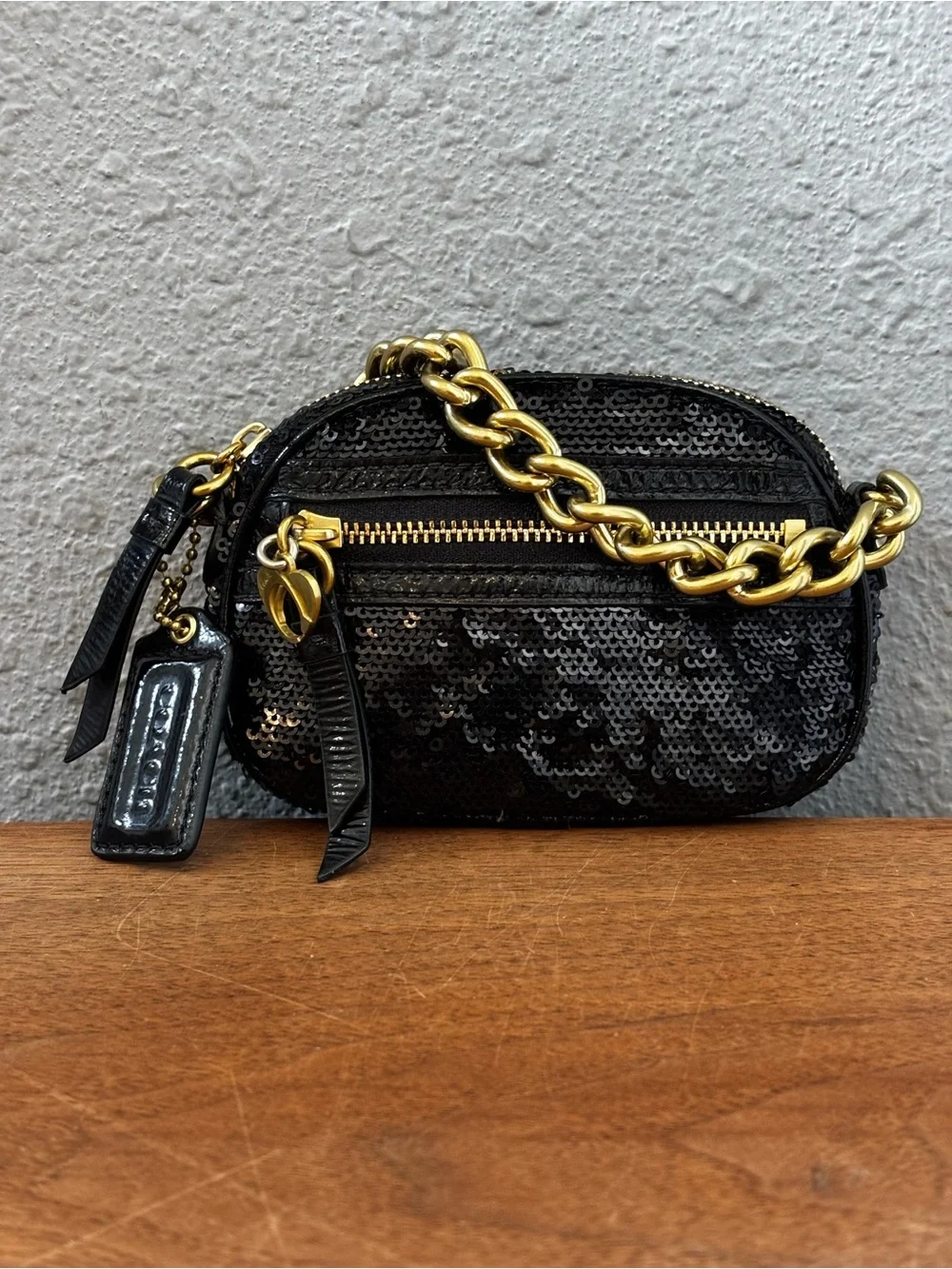 Coach Black Sequin Mini Bag with Gold Chain